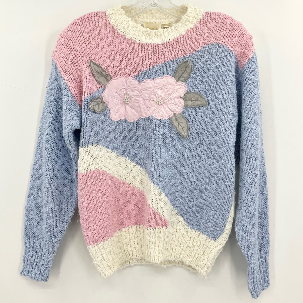 VTG Needles & Yarn Grannycore Knobby Chunky Knit Pastel Floral Crewneck Sweater